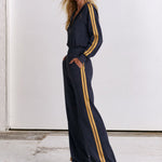 Women's Gold Striped Purple-Blue Sports Jacket And Wide-Leg Pants Set