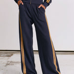 Women's Gold Striped Purple-Blue Sports Jacket And Wide-Leg Pants Set