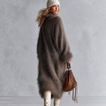 Women's Oversized Fuzzy Long-Pile Knit Mock Neck Taupe Brown Midi Dress