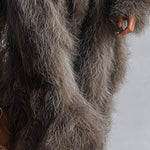 Women's Oversized Fuzzy Long-Pile Knit Mock Neck Taupe Brown Midi Dress
