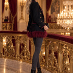 Fashionable Retro Burgundy Faux Feather Hem Black Wool Blend Coat
