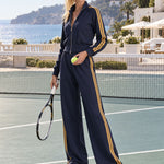 Women's Gold Striped Purple-Blue Sports Jacket And Wide-Leg Pants Set