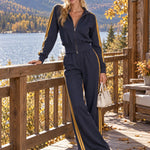 Women's Gold Striped Purple-Blue Sports Jacket And Wide-Leg Pants Set