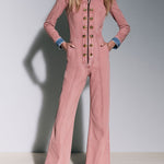 Women's Gold Button Zipper Blue/Pink Denim Flared Fleece Jumpsuit