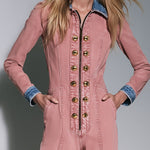 Women's Gold Button Zipper Blue/Pink Denim Flared Fleece Jumpsuit