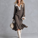 Women's Contrast-Trim Brown Herringbone Long Sleeve Midi Dress