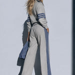 Women's Retro Sporty Denim Striped Gray Half-Zip Sweatshirt Wide-Leg Set