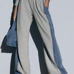 Women's Retro Sporty Denim Striped Gray Half-Zip Sweatshirt Wide-Leg Set