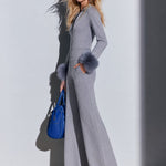 Women's Faux Fur Light Gray Knitted Cotton Zipper Wide-Leg Jumpsuit