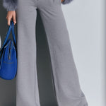 Women's Faux Fur Light Gray Knitted Cotton Zipper Wide-Leg Jumpsuit