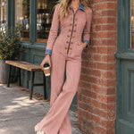 Women's Gold Button Zipper Blue/Pink Denim Flared Fleece Jumpsuit