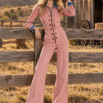 Women's Gold Button Zipper Blue/Pink Denim Flared Fleece Jumpsuit