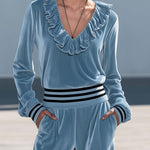 Retro Chic Dusty Blue Velvet Ruffle V-Neck Wide Leg Pants Two Piece Set
