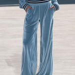 Retro Chic Dusty Blue Velvet Ruffle V-Neck Wide Leg Pants Two Piece Set