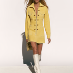 Vintage Yellow Multi-pocket Washed Denim Long-sleeved Mini Dress