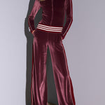 Casual Retro Burgundy Velvet Striped Button-Down Top And Wide-Leg Pants Set