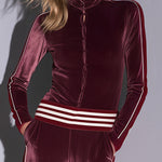 Casual Retro Burgundy Velvet Striped Button-Down Top And Wide-Leg Pants Set