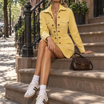 Vintage Yellow Multi-pocket Washed Denim Long-sleeved Mini Dress