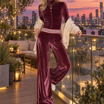 Casual Retro Burgundy Velvet Striped Button-Down Top And Wide-Leg Pants Set