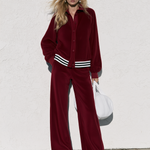 Women's Burgundy Velvet Baseball Striped Jacket And Wide-leg Pants Set