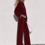 Women's Burgundy Velvet Baseball Striped Jacket And Wide-leg Pants Set