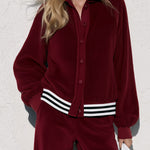 Women's Burgundy Velvet Baseball Striped Jacket And Wide-leg Pants Set