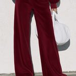 Women's Burgundy Velvet Baseball Striped Jacket And Wide-leg Pants Set