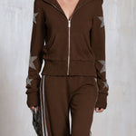 Casual Sporty Retro Silver Rhinestone And Trim Brown Zip-Up Sweatshirt And Pants Set