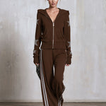 Casual Sporty Retro Silver Rhinestone And Trim Brown Zip-Up Sweatshirt And Pants Set