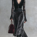Elegant Party Black Lace And Grey Velvet Patchwork Maxi Dress