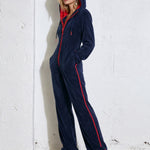 Women's Women's Red And Navy Blue Fleece Hooded Zipper Jumpsuit