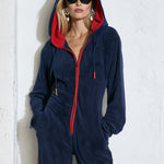 Women's Women's Red And Navy Blue Fleece Hooded Zipper Jumpsuit