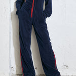 Women's Women's Red And Navy Blue Fleece Hooded Zipper Jumpsuit
