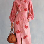 Romantic Western Pink Heart Print Puff Sleeve Button Front Denim Midi Dress