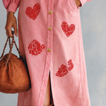 Romantic Western Pink Heart Print Puff Sleeve Button Front Denim Midi Dress