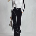 Women's Black White Colorblock Mock Neck Long Sleeve Top and Velvet Wide Leg Pants Two-Piece Sets