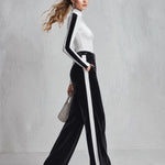 Women's Black White Colorblock Mock Neck Long Sleeve Top and Velvet Wide Leg Pants Two-Piece Sets