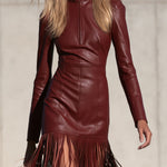 Women's Half-zip Tassel Burgundy PU Mini Dress