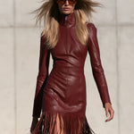 Women's Half-zip Tassel Burgundy PU Mini Dress