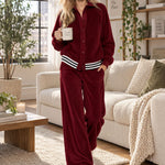 Women's Burgundy Velvet Baseball Striped Jacket And Wide-leg Pants Set