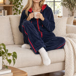 Women's Women's Red And Navy Blue Fleece Hooded Zipper Jumpsuit