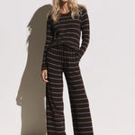 Women's Casual Blue-Brown Striped Wool Blend Crew Neck Sweater And Pants Set