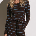 Women's Casual Blue-Brown Striped Wool Blend Crew Neck Sweater And Pants Set