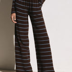 Women's Casual Blue-Brown Striped Wool Blend Crew Neck Sweater And Pants Set