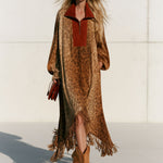 Women's Western-style Loose-fitting Color-blocked Faux Suede Leopard Print Tassel Midi Dress