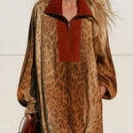 Women's Western-style Loose-fitting Color-blocked Faux Suede Leopard Print Tassel Midi Dress