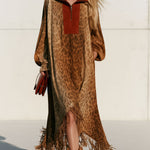 Women's Western-style Loose-fitting Color-blocked Faux Suede Leopard Print Tassel Midi Dress