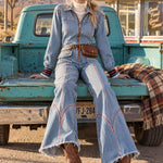 Women's Retro Frayed Edge Red Topstitching Light Blue Denim Jumpsuit