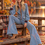Women's Retro Frayed Edge Red Topstitching Light Blue Denim Jumpsuit