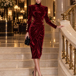 Vintage-elegant Burgundy High-neck Pleated Velvet Midi Dress